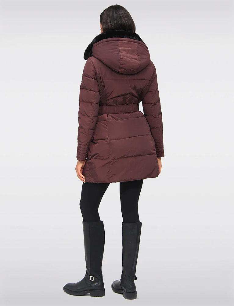 Vegan Eco-Down High Collar Puffer Jacket Cinched Waist & Detachable Hood by Saki