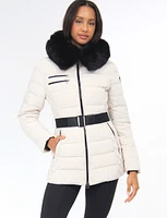 Jennsen Vegan Dual Quilted Polyloft Belted Coat with Faux Fur Trim Hood by Saki