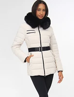 Jennsen Vegan Dual Quilted Polyloft Belted Coat with Faux Fur Trim Hood by Saki