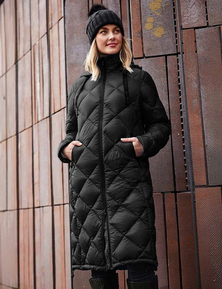 Long Lightweight Hooded Diamond Quilted Down Puffer Coat by Normann