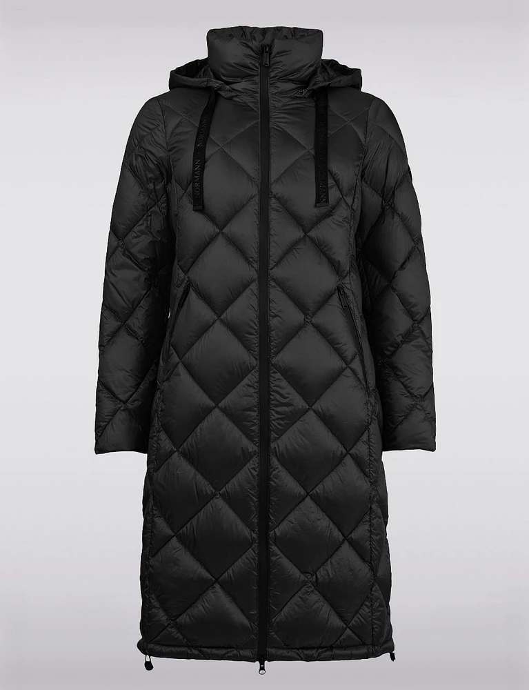 Long Lightweight Hooded Diamond Quilted Down Puffer Coat by Normann