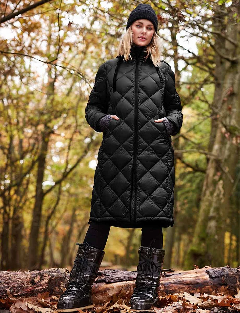 Long Lightweight Hooded Diamond Quilted Down Puffer Coat by Normann