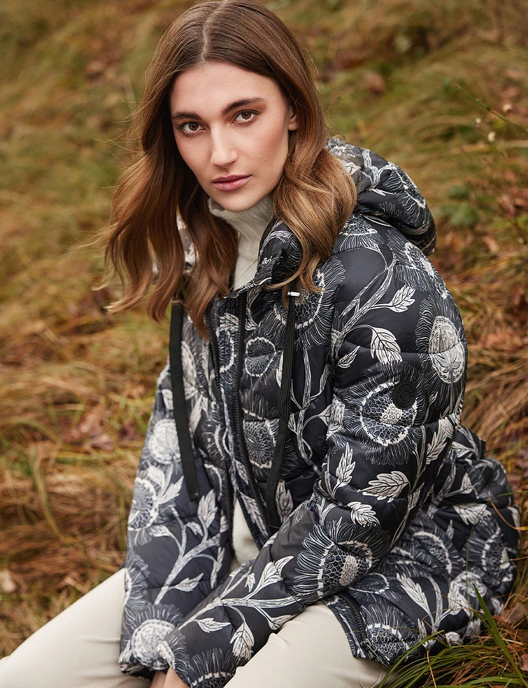 Modern Floral Print Eco-Down Hooded Puffer Jacket by Frandsen