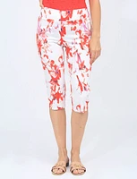 Red And White Floral Print Pull-on Stretch Mid-rise Capris By Amani Couture