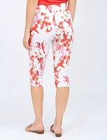 Red And White Floral Print Pull-on Stretch Mid-rise Capris By Amani Couture