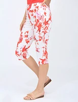 Red And White Floral Print Pull-on Stretch Mid-rise Capris By Amani Couture