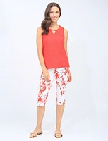 Red And White Floral Print Pull-on Stretch Mid-rise Capris By Amani Couture