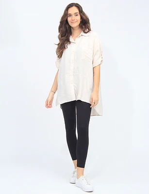 Crinkled Button-down Shirt with Three-Quarter Adjustable Sleeves by Froccella