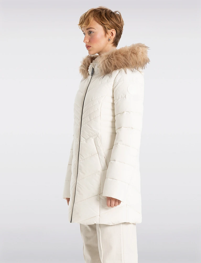 Sustainable Zip-Off Hooded Eco-Down Puffer Jacket Faux Fur Trim  by Point Zero