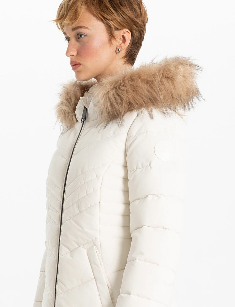 Sustainable Zip-Off Hooded Eco-Down Puffer Jacket Faux Fur Trim  by Point Zero