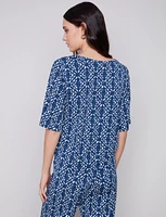 Knot-Front Geometric Print Three-Quarter Sleeve Top By Charlie B