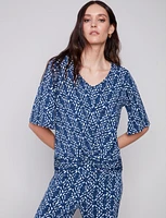 Knot-Front Geometric Print Three-Quarter Sleeve Top By Charlie B