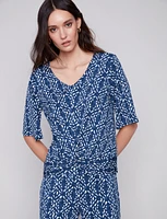 Knot-Front Geometric Print Three-Quarter Sleeve Top By Charlie B