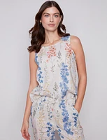 Boho-chic Sleeveless Floral Print Linen Top with Button Detail by Charlie B