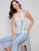 Boho-chic Sleeveless Floral Print Linen Top with Button Detail by Charlie B