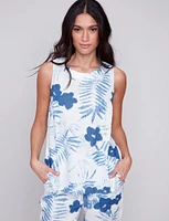 Sleeveless Blue Floral Print Linen Top with Side Slits by Charlie B