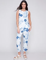 Sleeveless Blue Floral Print Linen Top with Side Slits by Charlie B