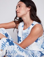 Sleeveless Blue Floral Print Linen Top with Side Slits by Charlie B