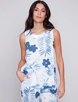 Sleeveless Blue Floral Print Linen Top with Side Slits by Charlie B