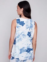 Sleeveless Blue Floral Print Linen Top with Side Slits by Charlie B