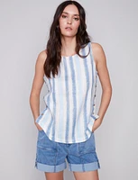 Striped Sleeveless Linen Top With Side Buttons By Charlie B