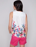 Sleeveless Floral Print Linen Blend Top With Side Button Detail By Charlie B