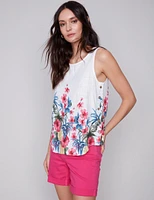Sleeveless Floral Print Linen Blend Top With Side Button Detail By Charlie B