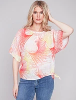 Abstract Print Cotton Blend Dolman Sleeve Side Tie Top By Charlie B