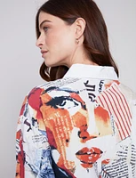 Linen Blend Abstract Face and Text Print Jacket With Welt Pockets By Charlie B