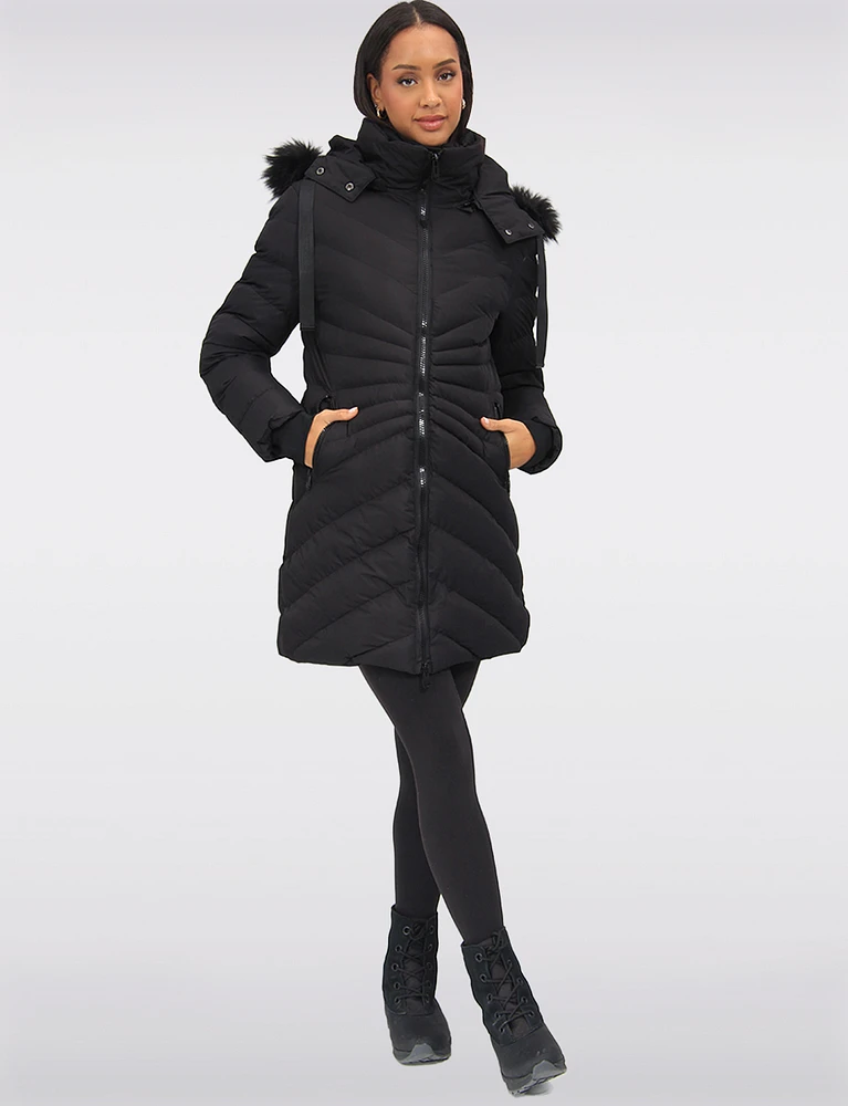 Vegan Hooded Quilted Jacket with Inner Bib & Detachable Faux Fur Trim by Oxygen