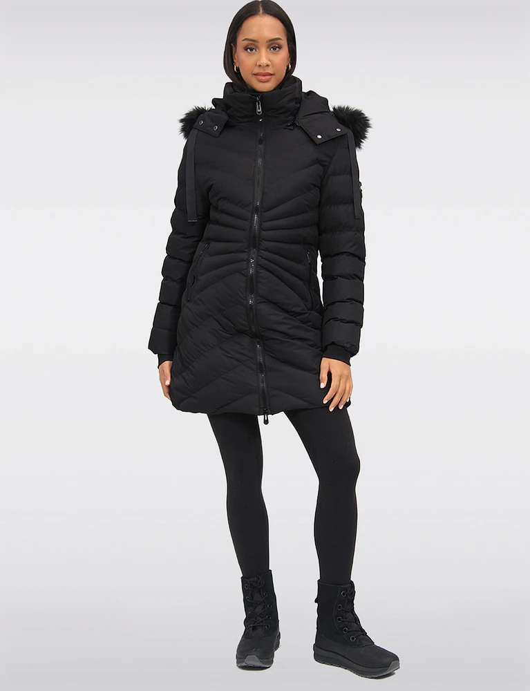 Vegan Hooded Quilted Jacket with Inner Bib & Detachable Faux Fur Trim by Oxygen