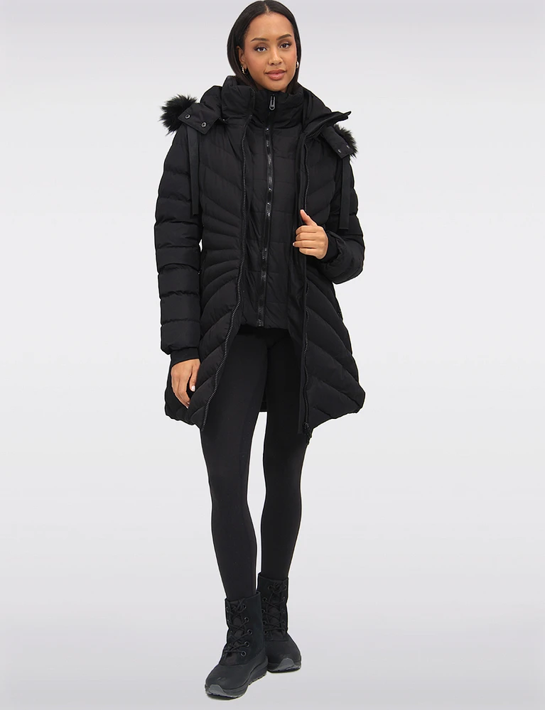 Vegan Hooded Quilted Jacket with Inner Bib & Detachable Faux Fur Trim by Oxygen