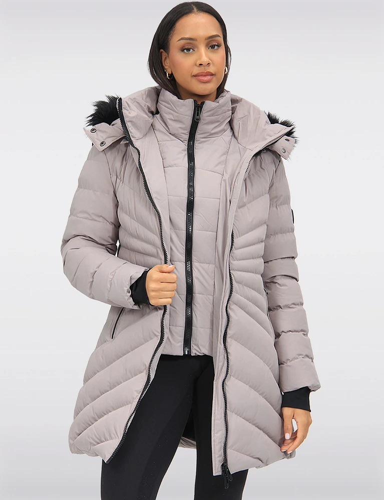 Vegan Hooded Quilted Jacket with Inner Bib & Detachable Faux Fur Trim by Oxygen