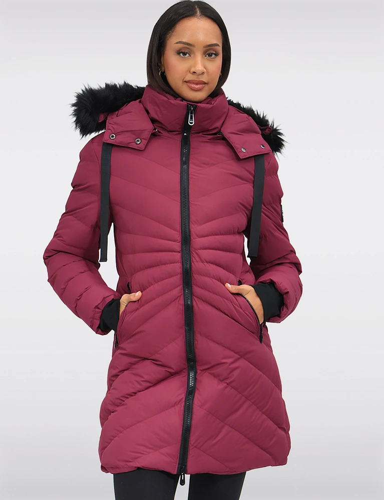 Vegan Hooded Quilted Jacket with Inner Bib & Detachable Faux Fur Trim by Oxygen