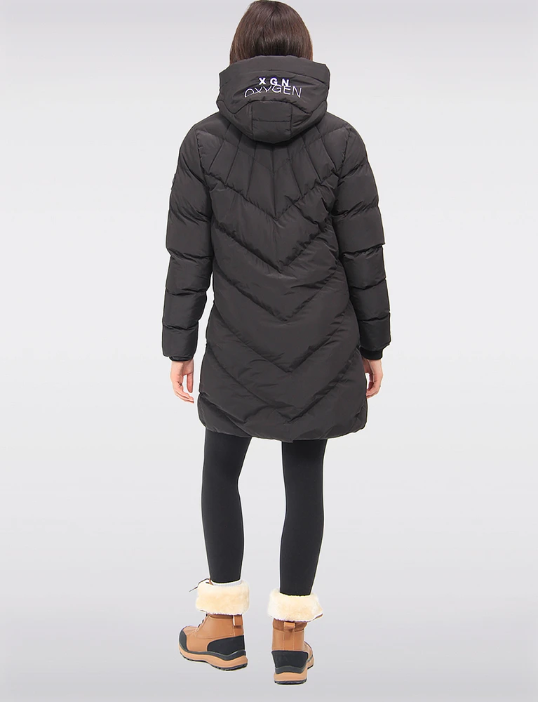 Vegan Quilted Hooded Eco-Down Long Puffer Coat by Oxygen