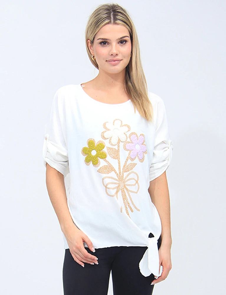 Floral Tie-Front Crew Neck Blouse By Froccella