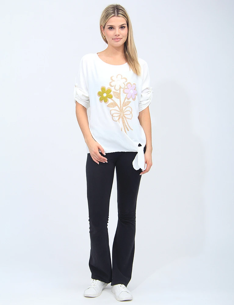 Floral Tie-Front Crew Neck Blouse by Froccella