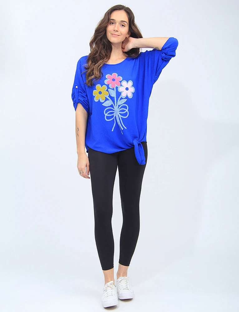 Floral Tie-Front Crew Neck Blouse with adjustable sleeves by Froccella