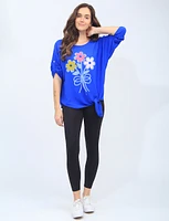 Floral Tie-Front Crew Neck Blouse with adjustable sleeves by Froccella