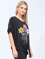 Soft Floral Design Tie-Front Crew Neck Black Blouse by Froccella