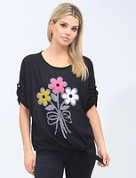 Soft Floral Design Tie-Front Crew Neck Black Blouse by Froccella