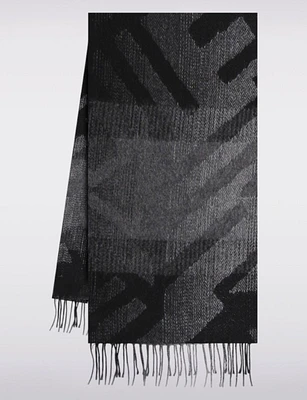 Luxurious Italian Black Geometric Jacquard Scarf with Fringed Hem by Froccella