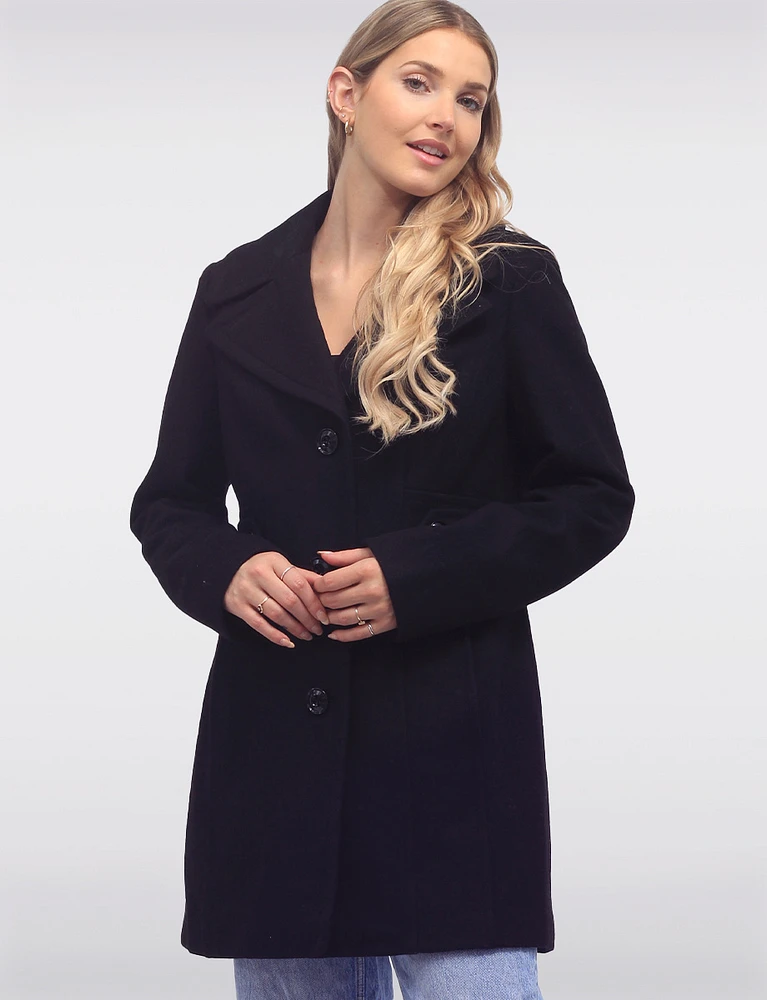 Mid-Length Single-Breasted Wool Peacoat with Notch Lapel Collar by Anne Klein