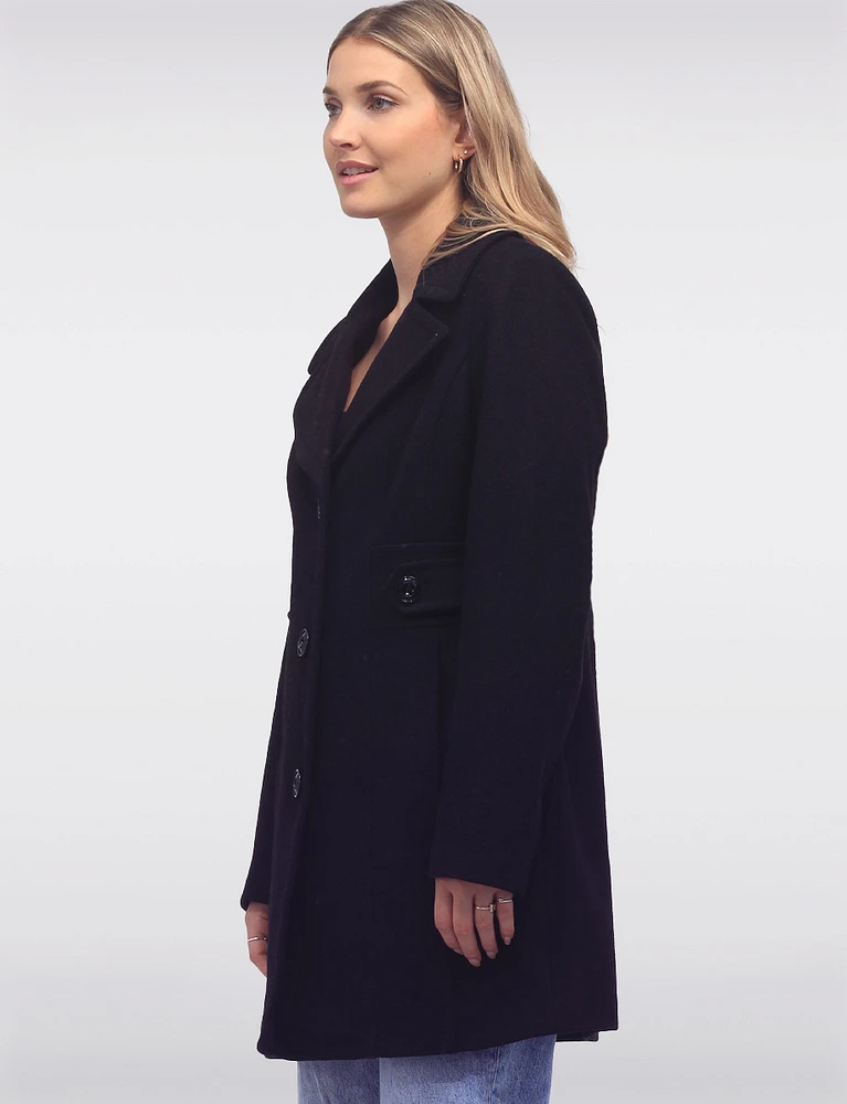 Mid-Length Single-Breasted Wool Peacoat with Notch Lapel Collar by Anne Klein