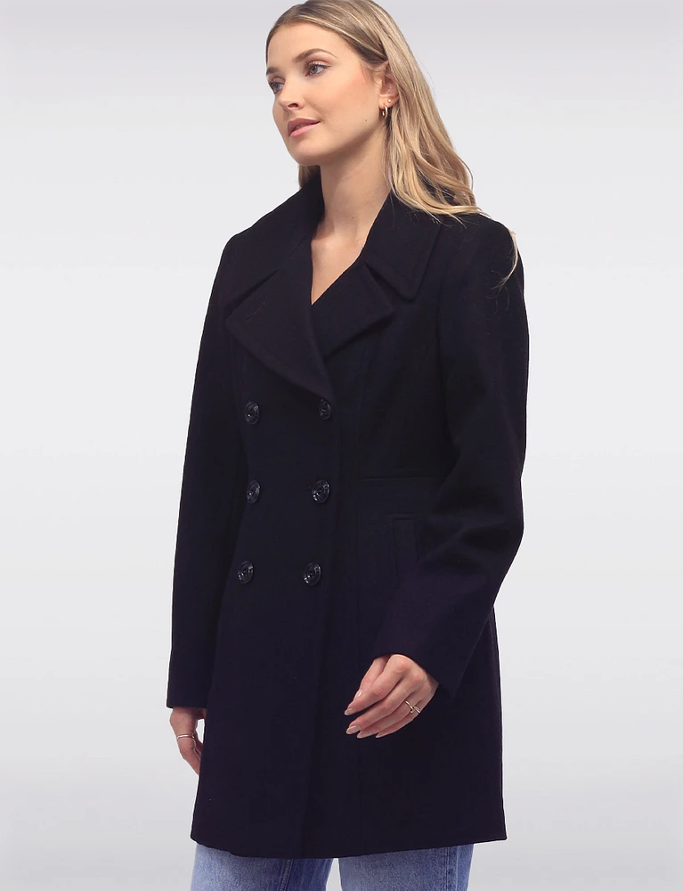 Classic Wool Mid-Length Peacoat Notch Lapel-High Neck Collar by Anne Klein