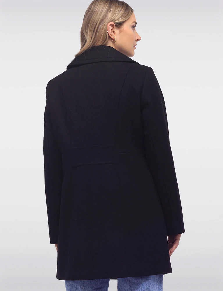 Classic Wool Mid-Length Peacoat Notch Lapel-High Neck Collar by Anne Klein