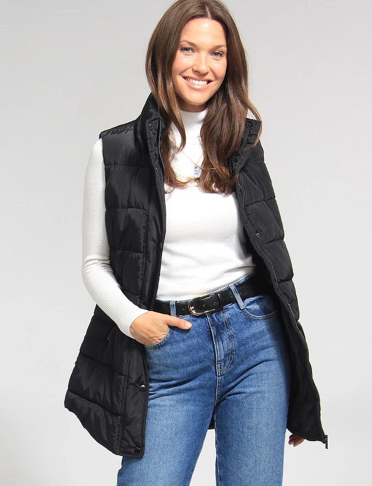 Versatile Detachable Hood Zip Front Long Puffer Vest by Sebby