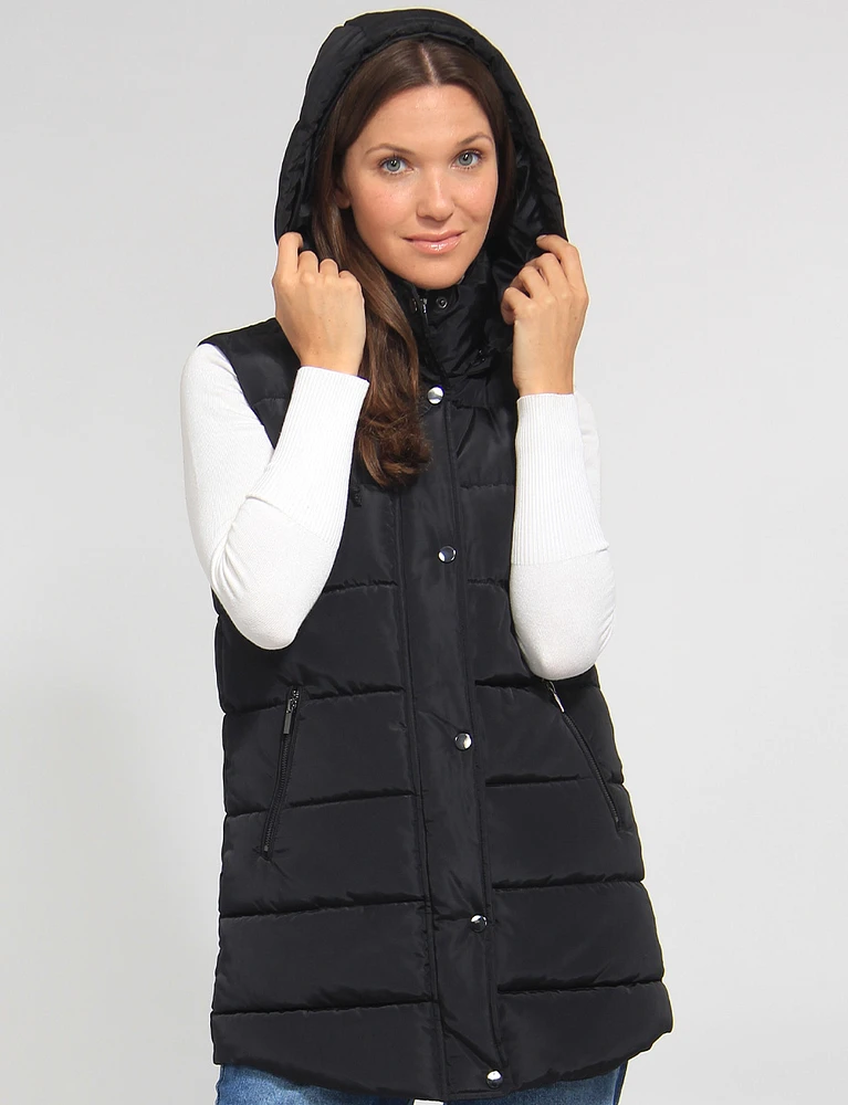 Versatile Detachable Hood Zip Front Long Puffer Vest by Sebby