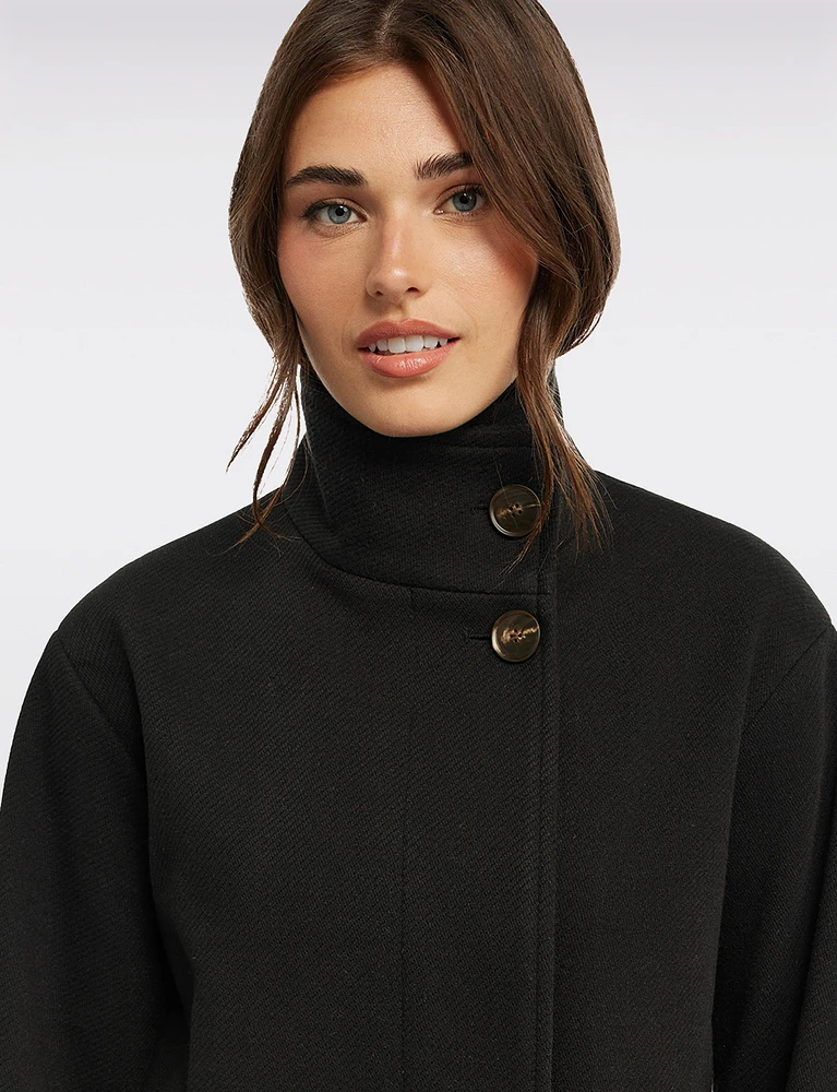 Vegan A-Line High Collar Peacoat with Back Buttoned Waist Tab by Ellen Tracy