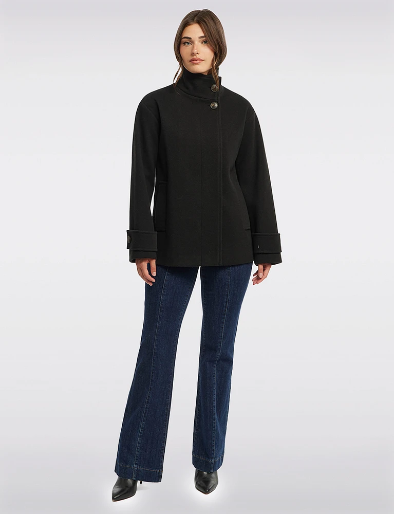 Vegan A-Line High Collar Peacoat with Back Buttoned Waist Tab by Ellen Tracy